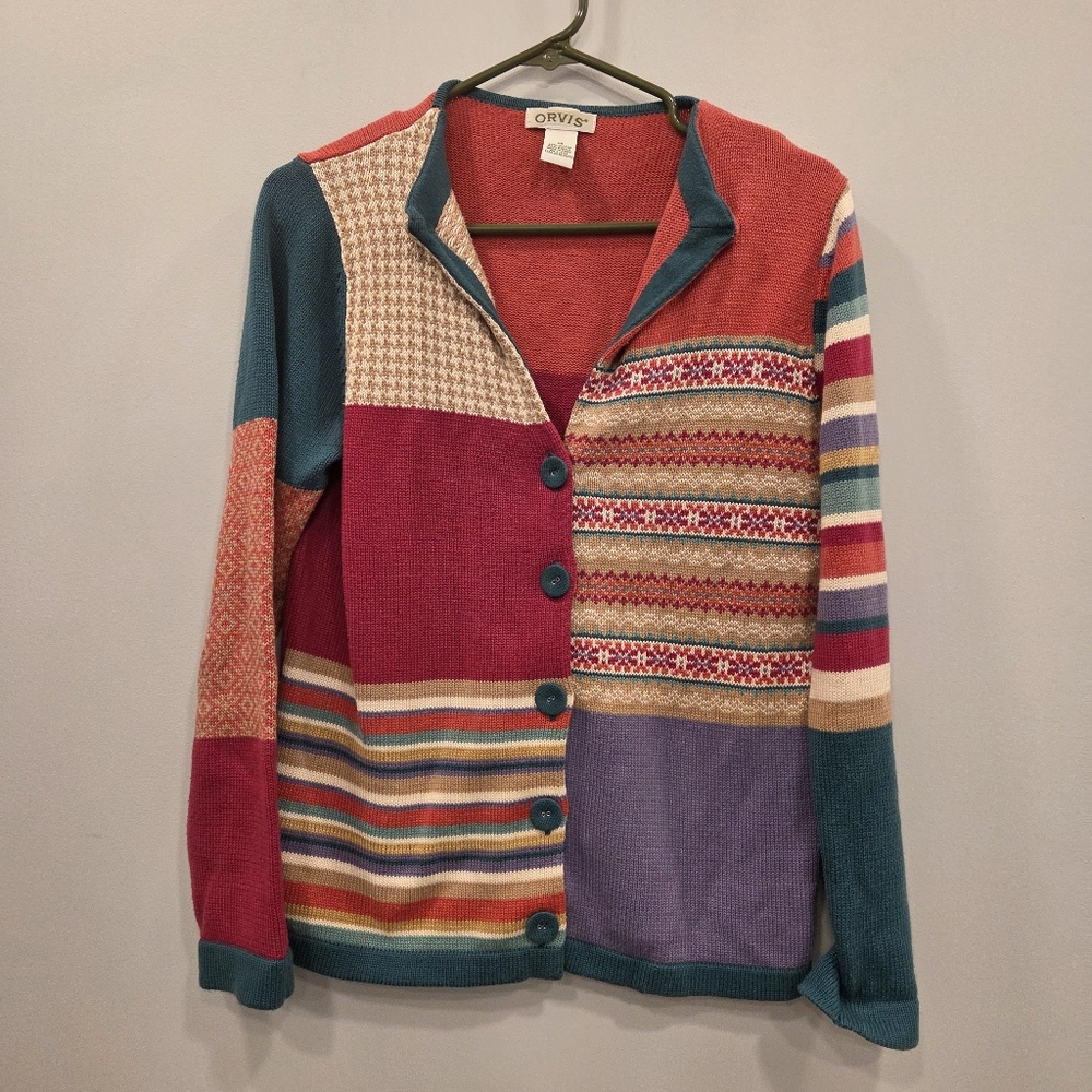 Orvis Medium Cotton Blend Button Up Patchwork Cardigan Sweater